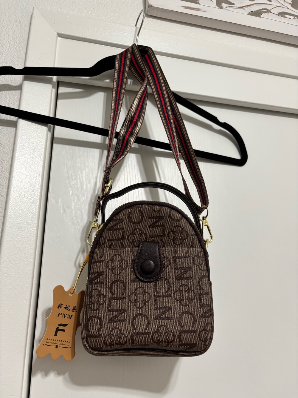 Brown Mini Crossbody Bag with Striped Detachable Strap